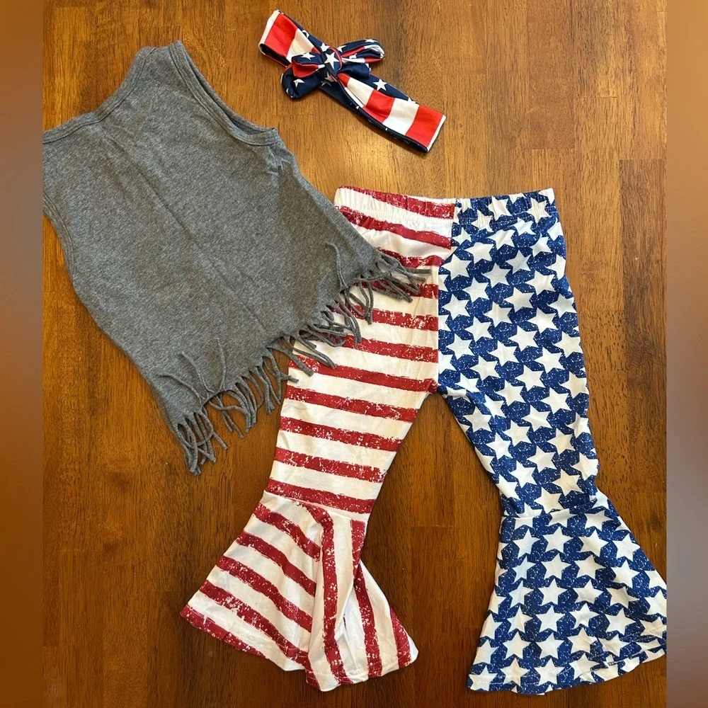 Patriotic Bell Bottom + Fringe Top Outfit | Girls 3-Piece Set | 110 (4-5 Years)